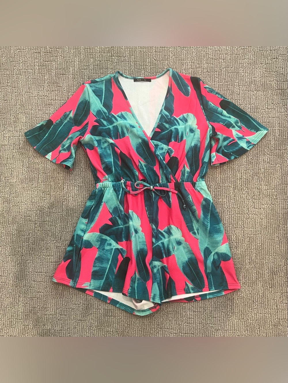 Tropical Wrap-Front Bodysuit Romper in Pink & Teal